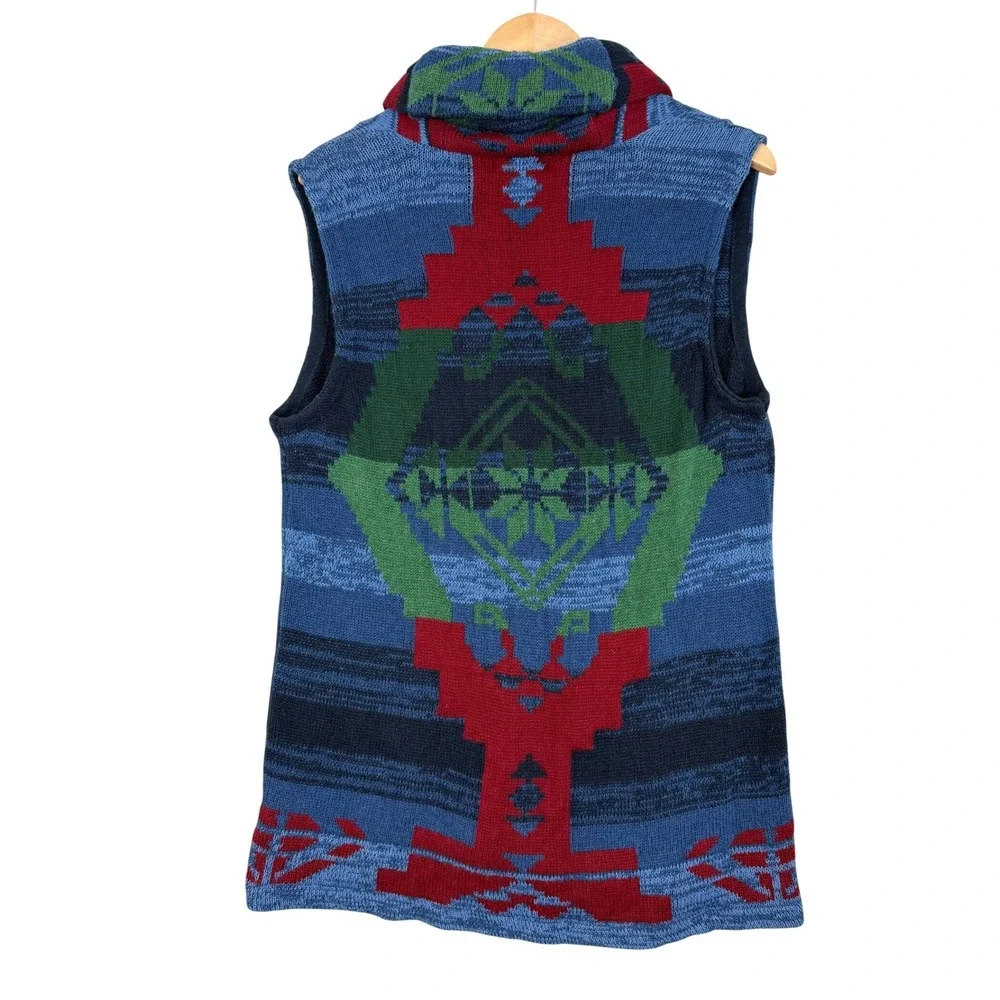 Chaps Southwestern Knit Vest Large Blue Aztec Geometric Shawl Collar Button Up